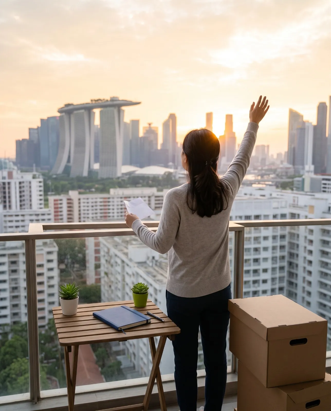 A woman on her HDB balcony at sunrise, one arm raised, moving boxes packed beside her.